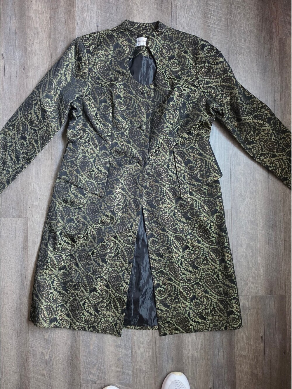 Terramina Women's Black Gold Green Paisley Long Coat Button Front Lined One